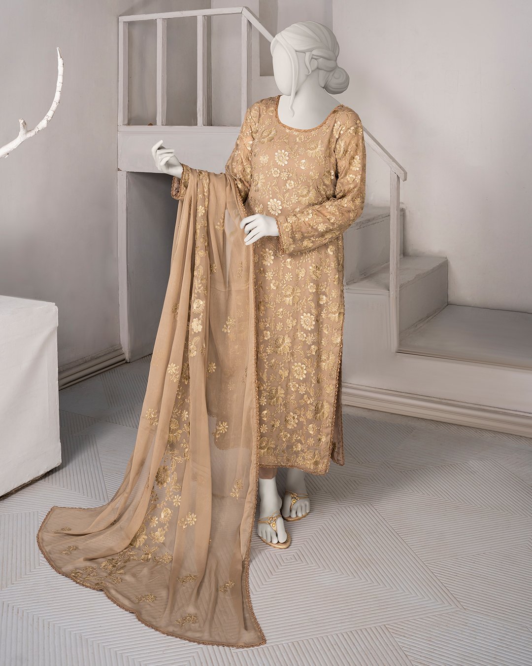 B6 – Dark Skin Full Embroidered Ensemble with Center-Embroidered Dupatta