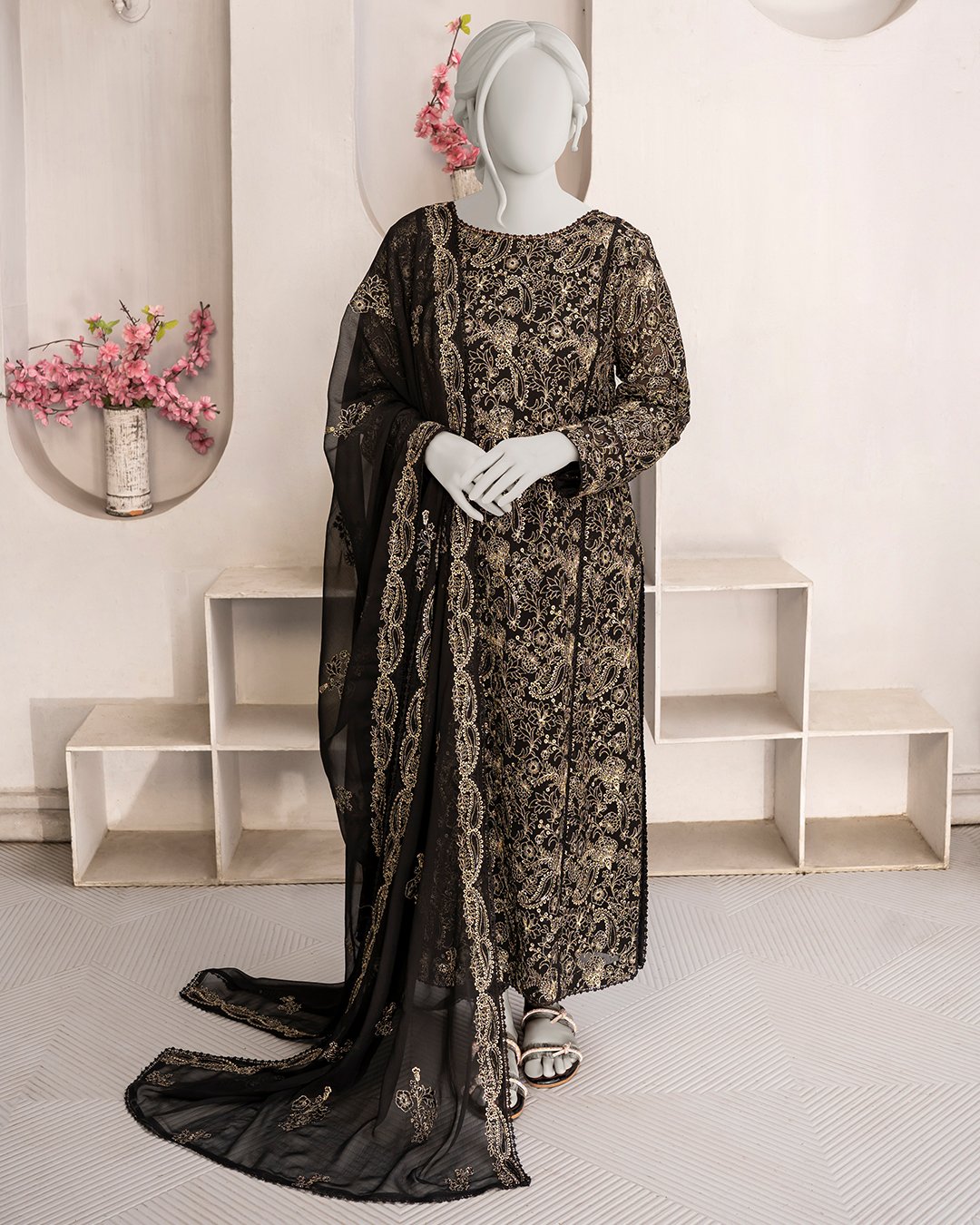 B1 – Luxury Black All Over 3 Piece Crinkle Chiffon Suit
