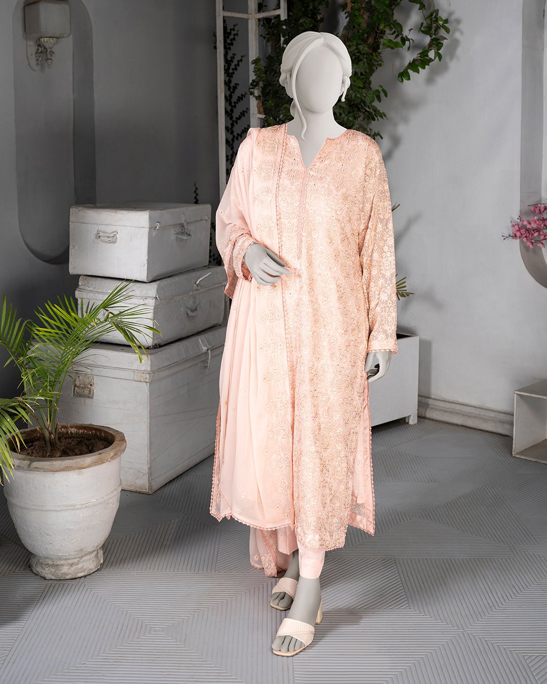B10 – 3-Piece Peach Full Embroidered Chiffon Suit